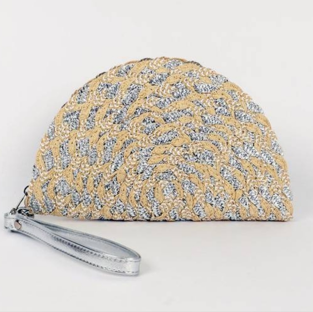 NWT Pia Rossini Straw with Silver Metallic Clutch